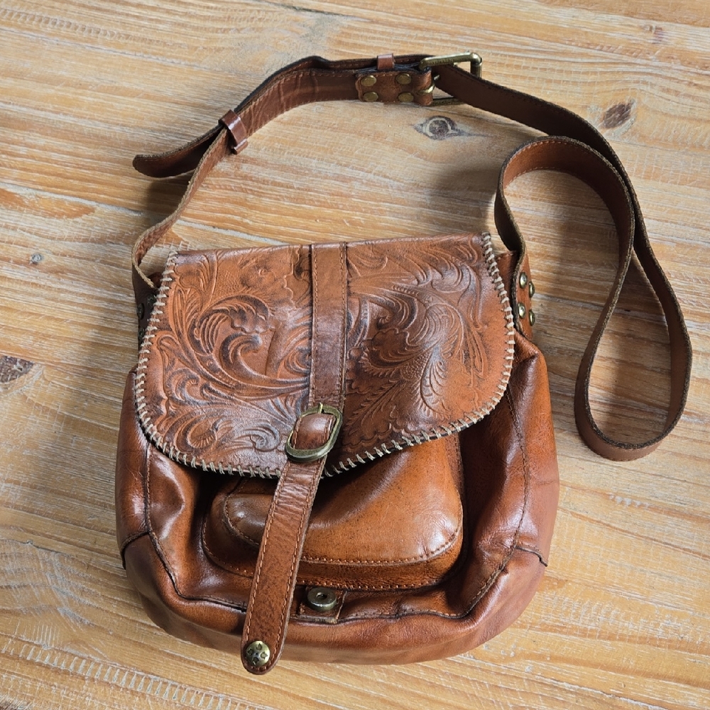 Patricia Nash Brown Leather Crossbody Bag with Embossed Design
